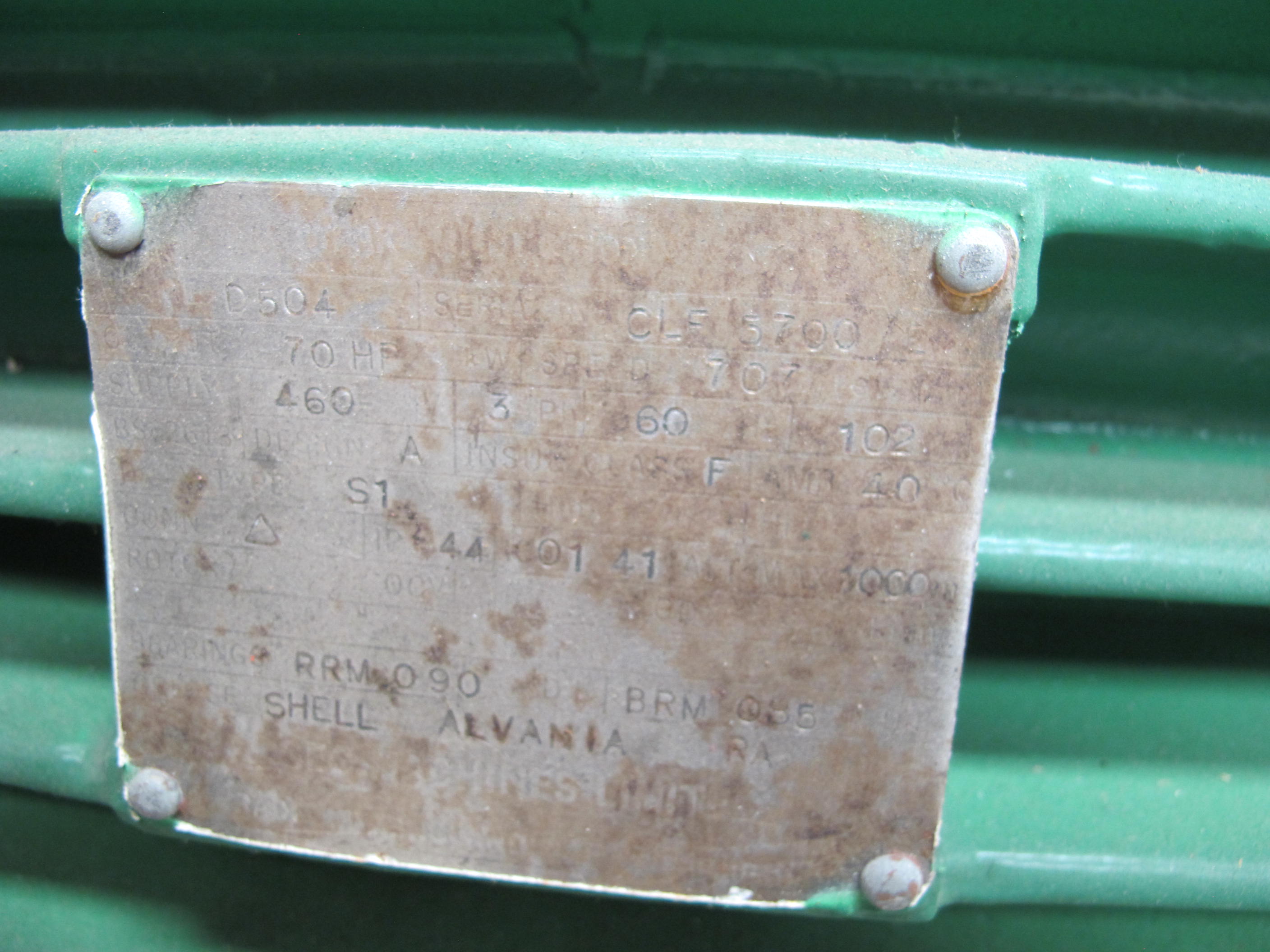 MOTOR, ELECTRIC TYPE, 70 HORSEPOWER, 460VAC, 3 PHASE, 60HZ ELEC RATING, 707 RPM, D504 FRAME, 102 AMPS. ORIGINAL MOTOR FOR MAIN AND STANDBY HYDROGENSEAL OIL PUMPS. ENGLISH ELECTRIC DRAWING NUMBER C6151149970043(D504) (W-44) LOADING & HANDLING FEE $15-